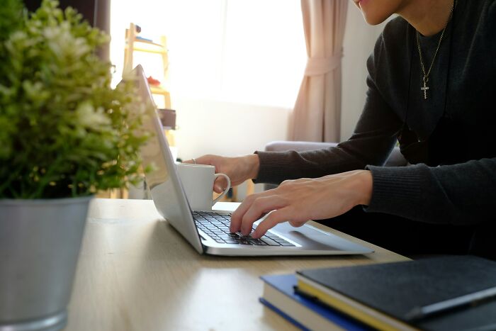 Persona usando laptop para compartir experiencias online más aterradoras en un ambiente tranquilo con luz natural y planta decorativa.