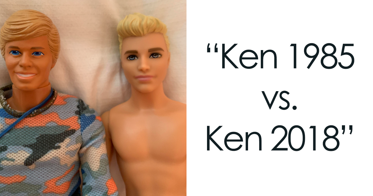 Dos muu00f1ecos Ken en comparaciones increu00edbles mostrando una nueva perspectiva temporal entre 1985 y 2018.