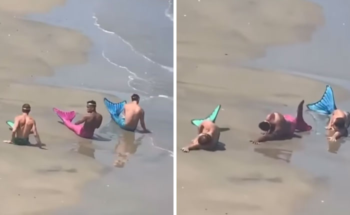 Tres influencers con colas de sirena de colores en la playa, mostrando comportamiento vergonzoso y sin sentido común.