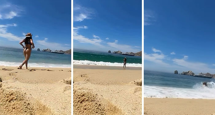 Influencer en playa con sombrero, provocando impacto, perdiendo sentido común y moral en entorno natural junto al mar.