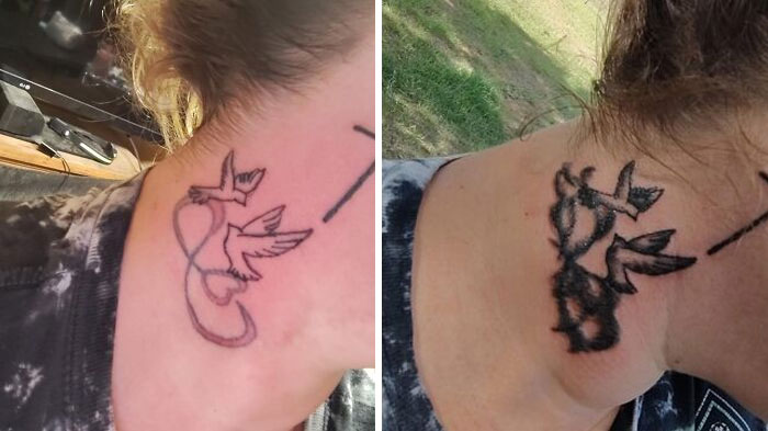 Tatuaje en el cuello con diseño de pájaros que muestra un error difícil de borrar y un mal resultado final.