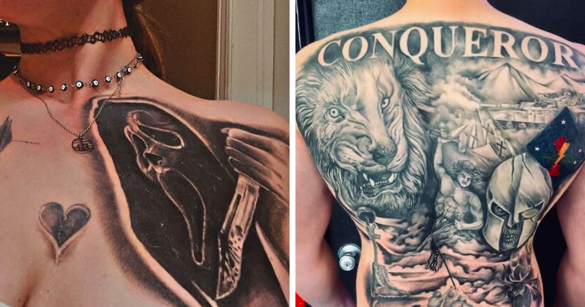 Tatuajes horribles en pecho y espalda con diseu00f1os poco comunes que muestran errores difu00edciles de borrar en la piel.