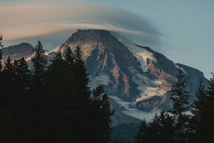 Montaña al atardecer con árboles en primer plano, evocando un ambiente misterioso para expertos en autopsias y muerte.