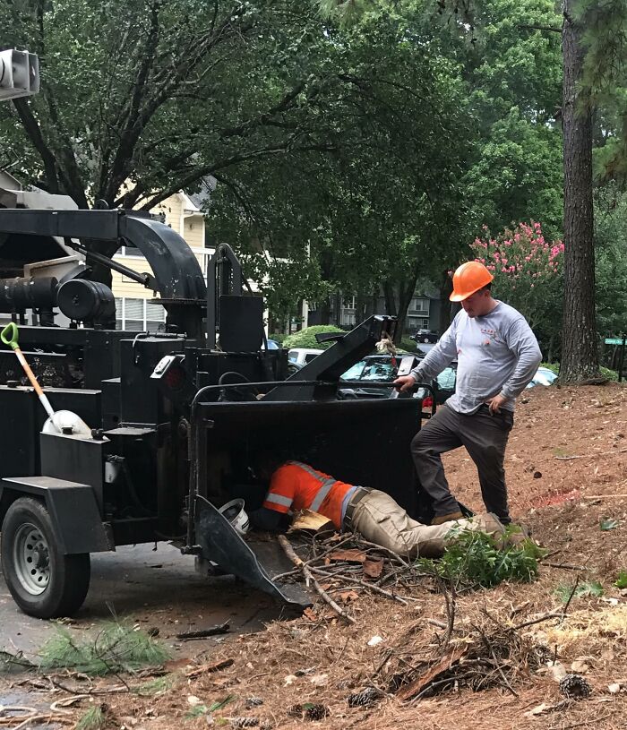 Trabajadores con casco y chaleco revisan máquina para triturar madera en zona boscosa, salud y seguridad laboral.