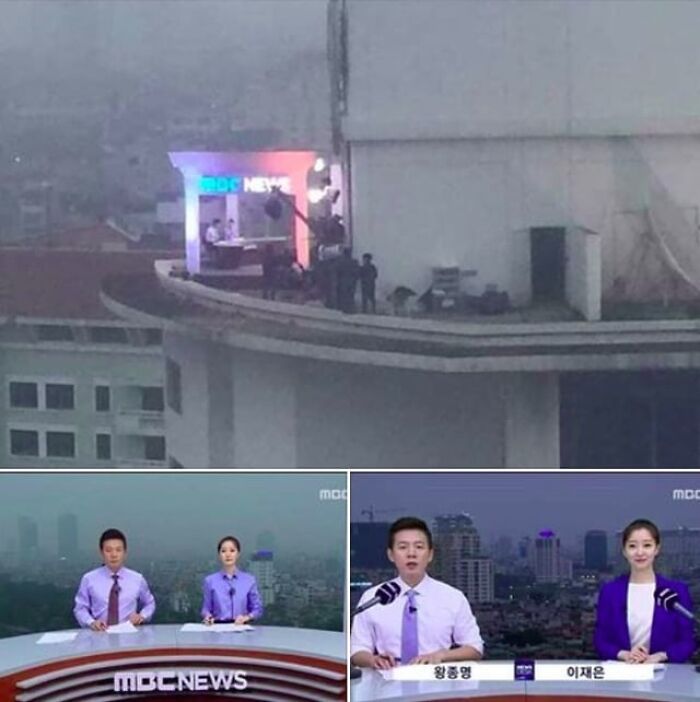 Estudio de noticias en un edificio desde ángulo alternativo mostrando el detrás de cámaras de una transmisión.