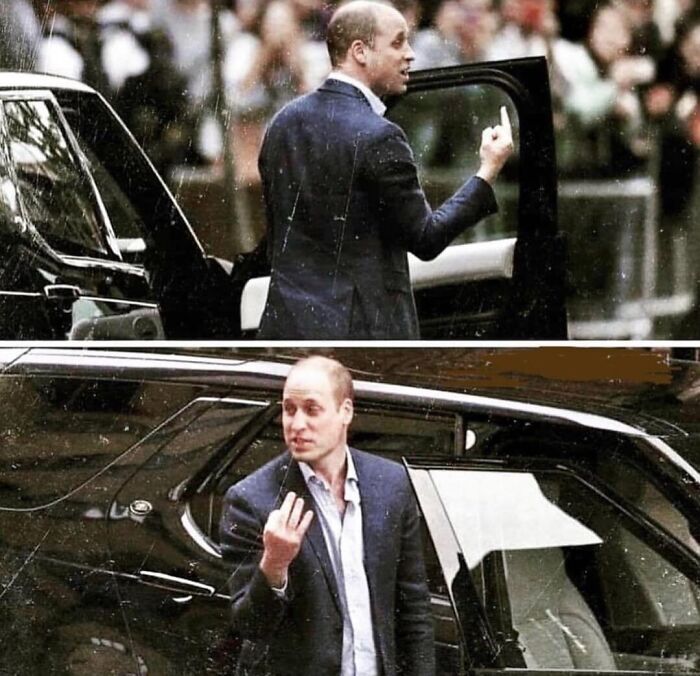 Hombre con traje oscuro en ángulos alternativos mostrando diferentes gestos junto a un auto negro en evento público.