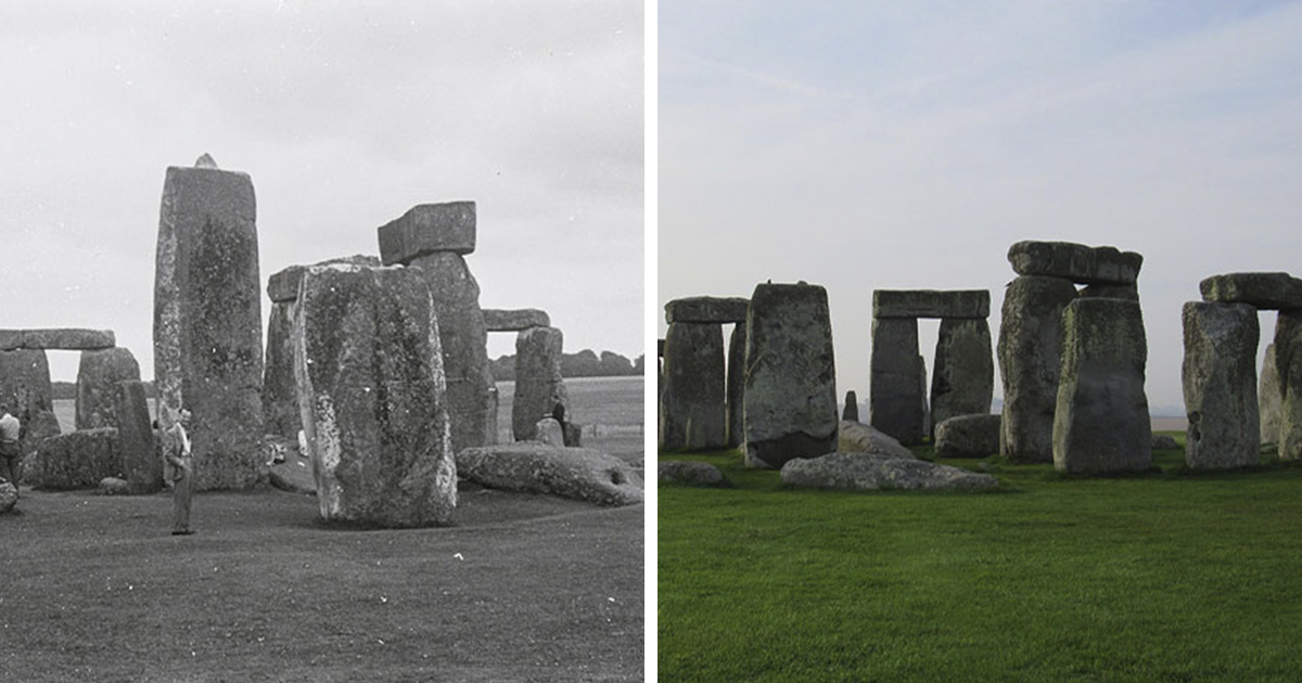Fotos de antes y ahora de Stonehenge mostrando el paso del tiempo en una estructura histu00f3rica icu00f3nica.