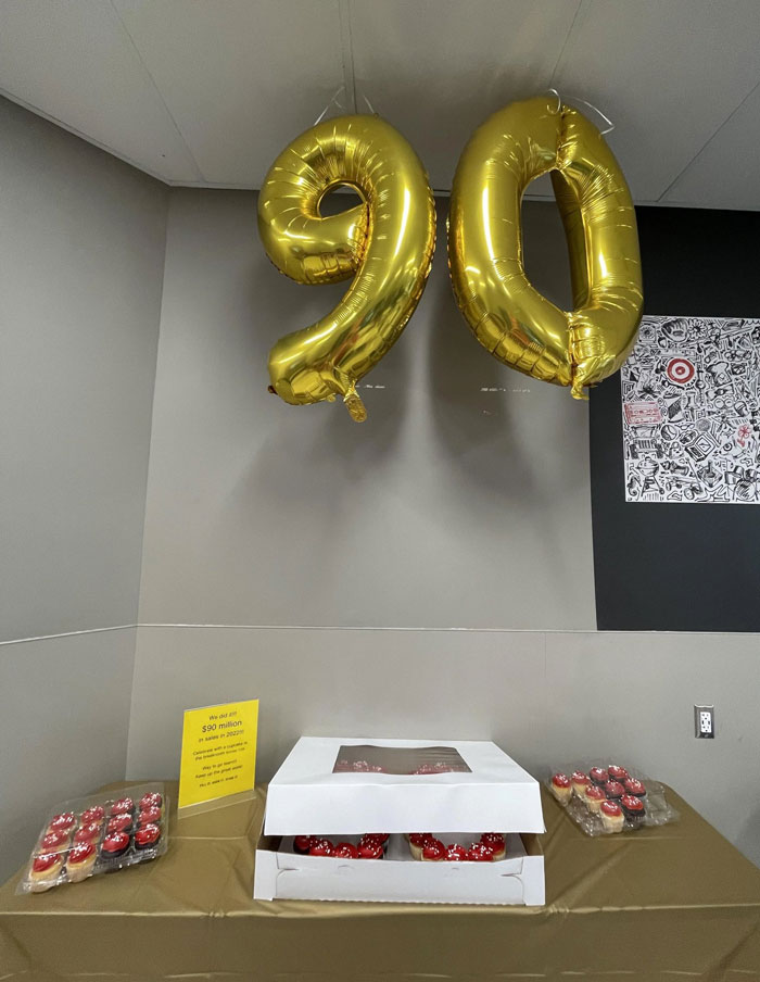 Decoración con globos dorados y pastelillos enmesa que representa lugares de trabajo tóxicos e insalubres en oficina.