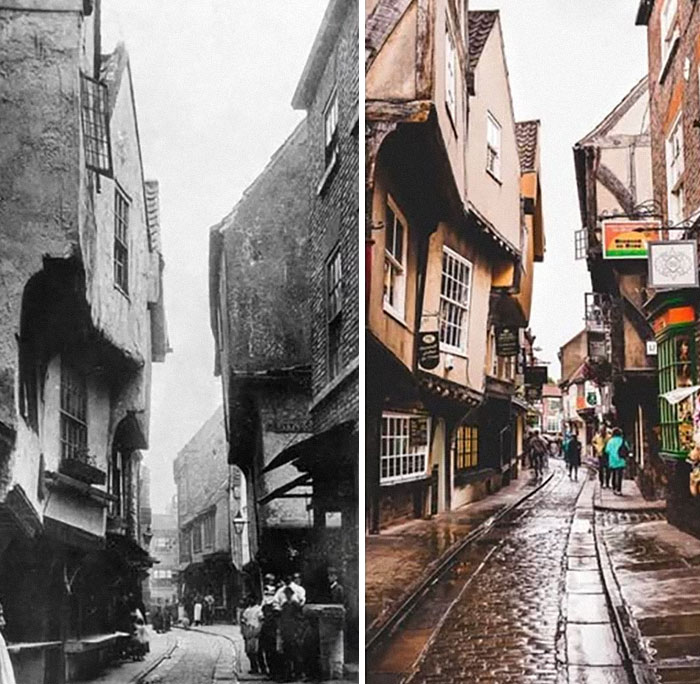 Calle histórica con arquitectura antigua y personas en imágenes comparativas mostrando fotos históricas y su evolución actual.
