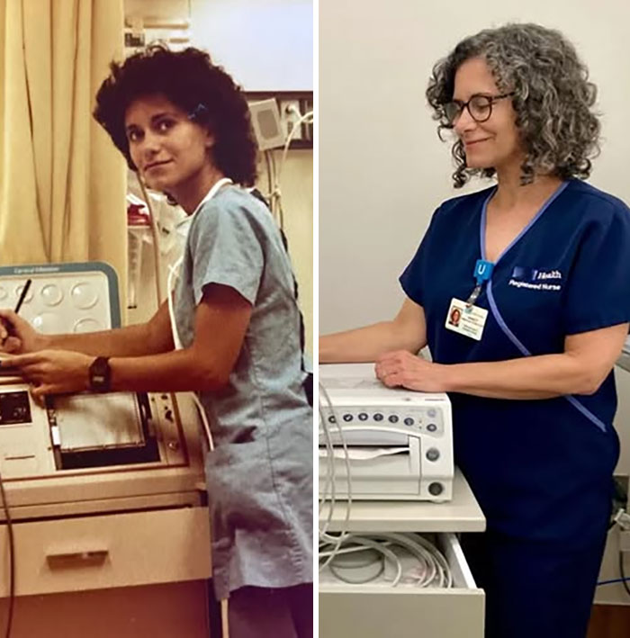 Mujer trabajando con equipo médico en fotos históricas mostrando evolución en la profesión de enfermería.