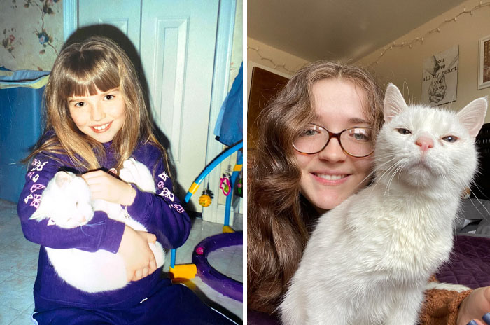 Niña y mujer con el mismo gato blanco en transformaciones increíbles de personas y animales a lo largo del tiempo.