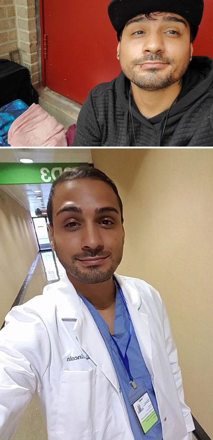 Hombre mostrando transformación increíble, de ropa casual a bata médica en pasillo de hospital.