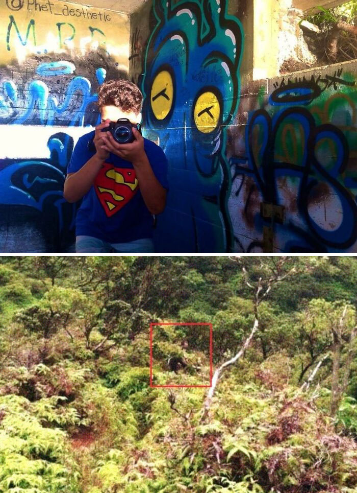 Hombre con cámara frente a grafiti y foto de bosque con figura oculta, ejemplo de fotos inquietantes que parecen normales.