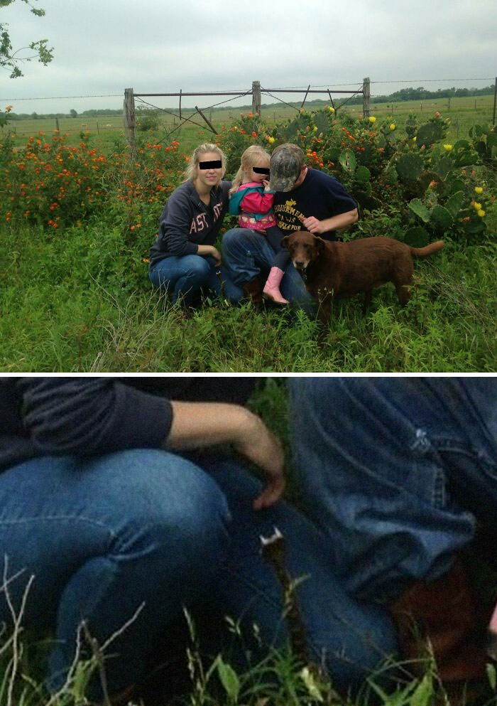 Familia con perro en un campo, foto inquietante que parece normal hasta descubrir la extraña historia detrás.