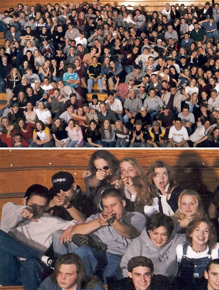 Grupo grande de jóvenes posando para una foto normal que parece inquietante al conocer su historia real.