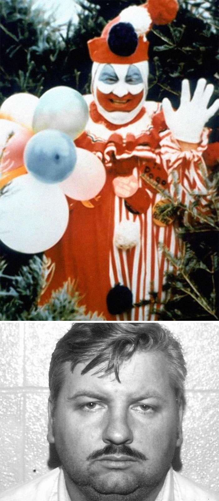 Hombre disfrazado de payaso sonriente con globos y fotografía policial inquietante, fotos inquietantes con historia.