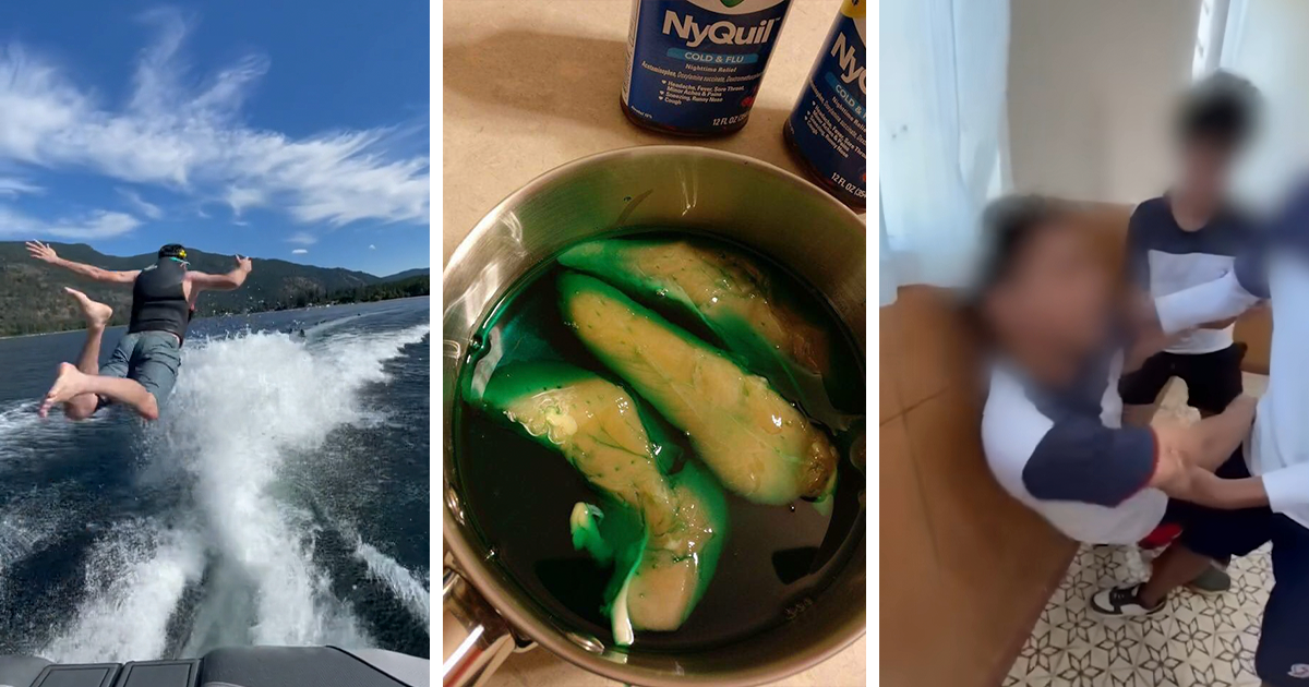 Persona saltando al agua en reto viral, ingredientes extrau00f1os en olla y dos personas luchando en interior, retos fatales TikTok