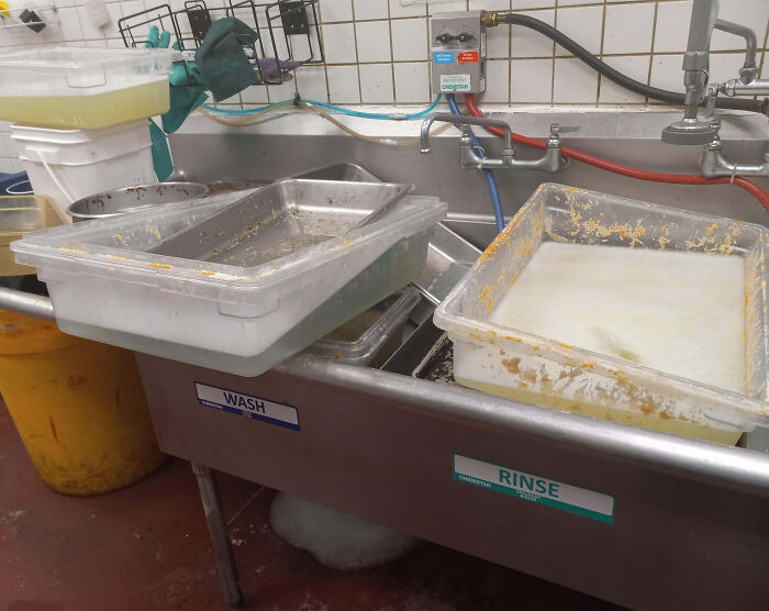 Lavabo industrial desordenado con utensilios sucios dejando claro un día peor en el trabajo en cocina profesional.