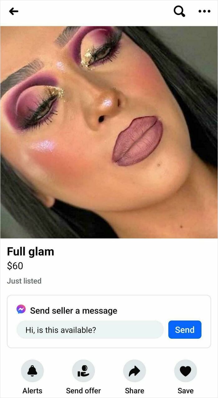 Maquillaje exagerado con colores intensos y acabado poco natural, reflejando un error en salón de belleza.