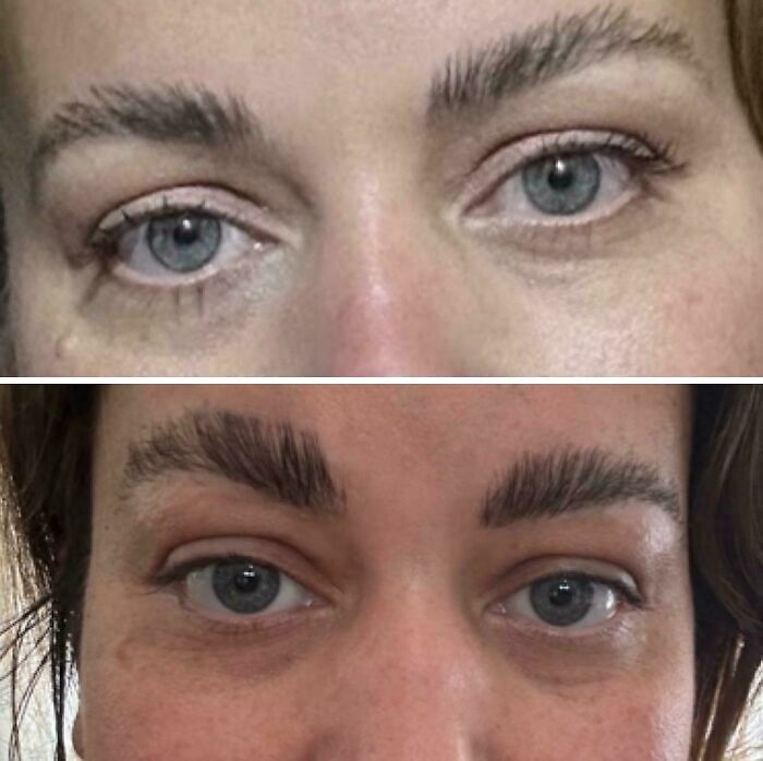 Primer plano de cejas antes y después de un mal arreglo en salón de belleza con resultado decepcionante y arrepentimiento visible.