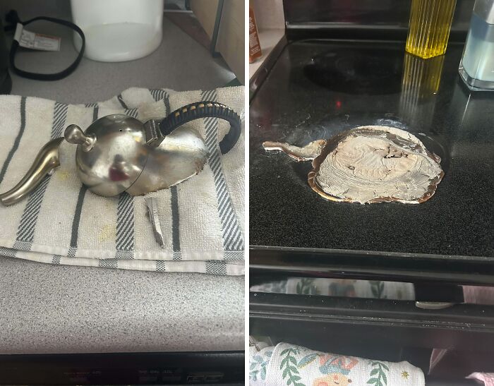 Objeto de metal derretido en la cocina, ejemplo de personas que olvidaron algo importante y documentaron consecuencias.