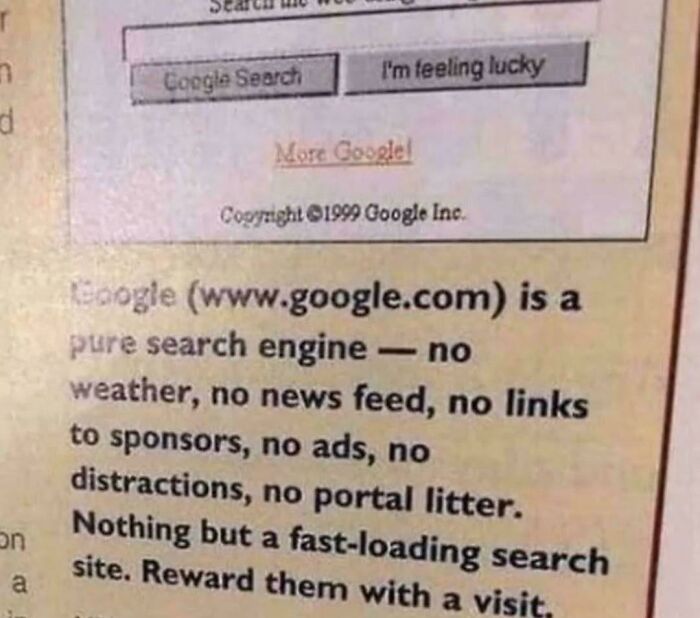 Captura de pantalla antigua de Google destacando datos fascinantes sobre su buscador rápido y sin distracciones.
