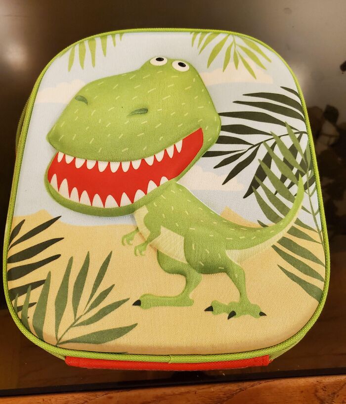 Estuche infantil con dibujo de dinosaurio verde y fondo de hojas, refleja actitud despreocupada y estilo casual.