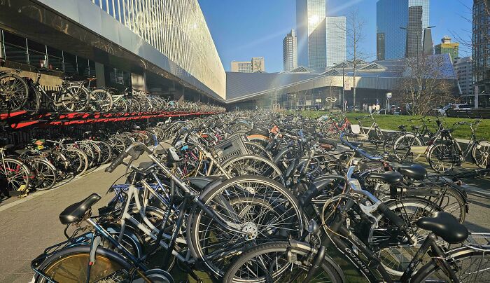 Estacionamiento de bicicletas con detalles ingeniosos en la vida cotidiana de diversas ciudades modernas.