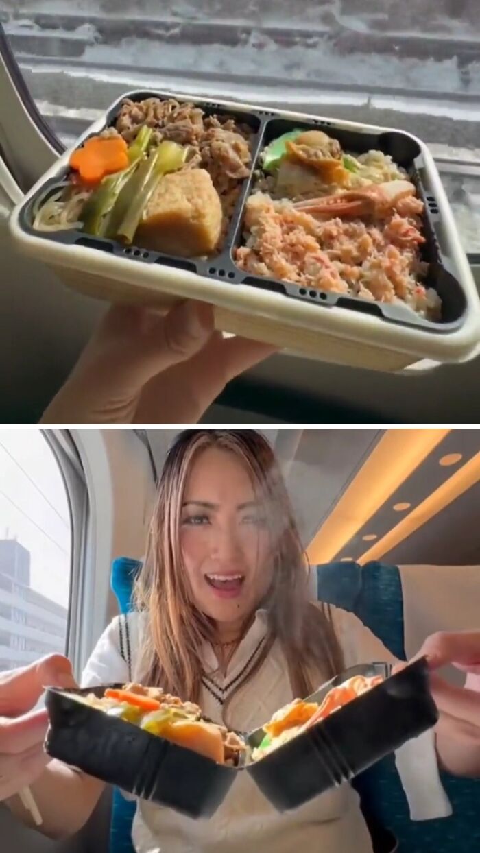 Persona sosteniendo lonchera dividida con comida tradicional en tren, mostrando detalles ingeniosos de la vida cotidiana en países del mundo.