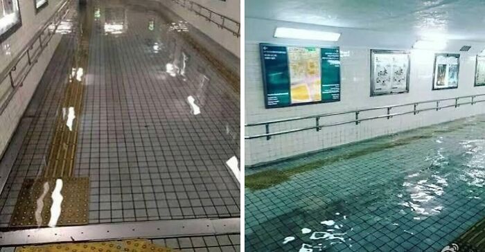 Pasadizo subterráneo con piso inundado que aprovecha detalles ingeniosos para mejorar espacios en la vida cotidiana.