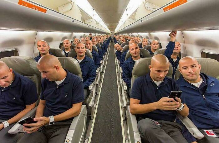 Hombres idénticos sentados en avión, imagen que muestra cosas interesantes que la gente encontró y quiso compartir.