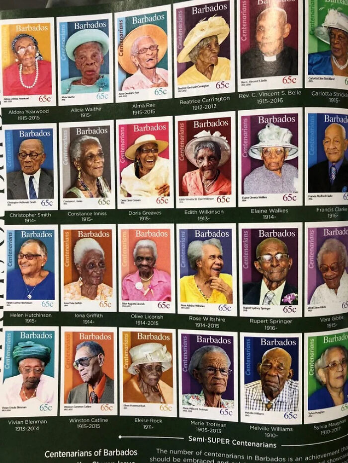 Sellos de Barbados con imágenes de centenarios, una curiosidad interesante que la gente encontró para compartir.