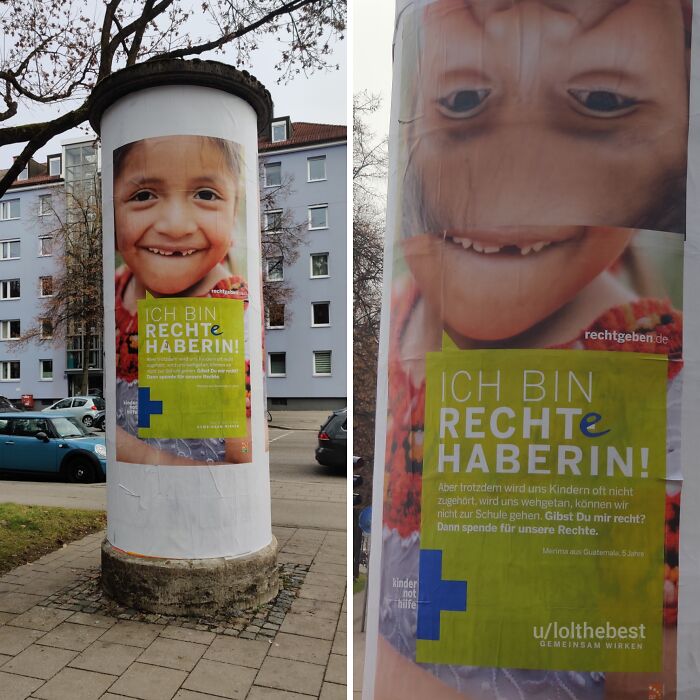 Cartel publicitario con error visual que distorsiona la imagen de un niño sonriente, un divertido fallo publicitario.