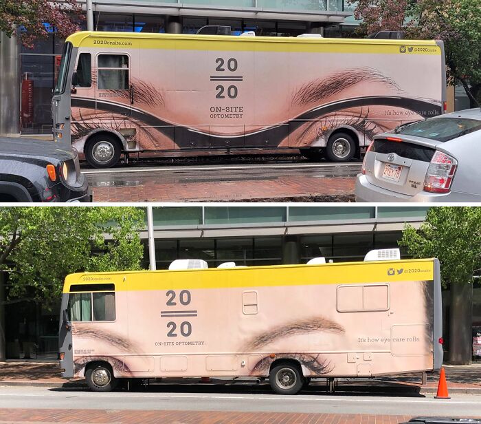 Autobús con publicidad de optometría con un diseño que crea un divertido fallo publicitario visual.