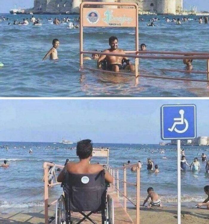 Hombre en silla de ruedas usando rampa para acceso al mar, una de las cosas interesantes que la gente encontró y compartió.