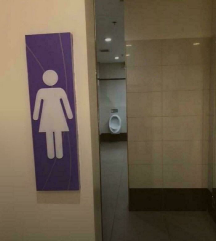 Señal de baño para mujeres con urinario visible, un claro ejemplo de fallo o error observados y documentados.