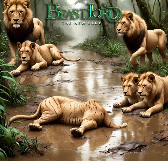 Leones en un río con un león con rayas de tigre, un divertido fallo publicitario que cuesta creer.