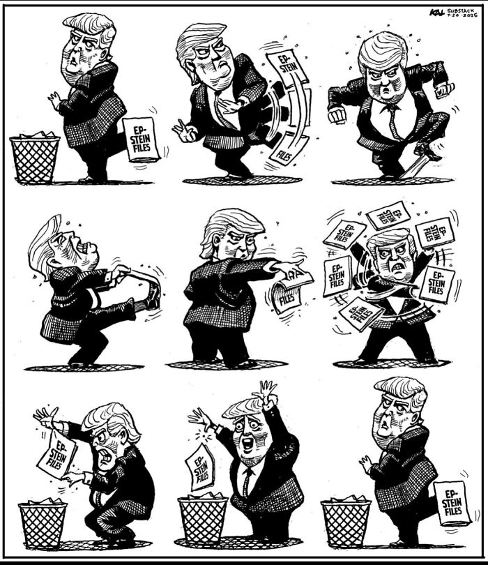 Caricatura de intento fallido con hombre lanzando archivos Epstein y el universo interviniendo en cada acción.