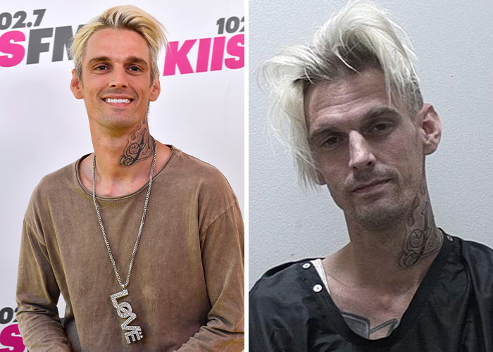 Cantante con cabello rubio y tatuajes en el cuello, mostrando el contraste de estrella a caída en desgracia de celebridades.