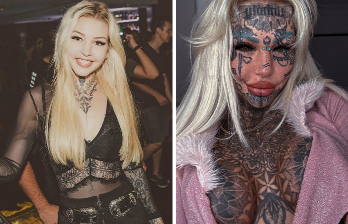 Antes y después de una mujer con transformaciones visibles tras cirugías plásticas extremas y tatuajes faciales y corporales.