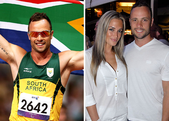 Deportista sudafricano con bandera y pareja sonriente en evento social; imagen sobre celebridades en desgracia.