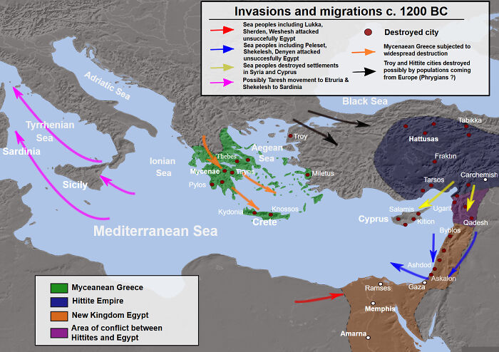 Mapa histórico que muestra migraciones e invasiones c. 1200 a.C., uno de los misterios interesantes que aún desconciertan a la gente.