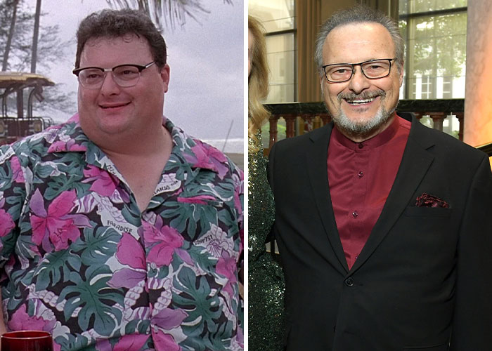 Actor de los 90 con camisa colorida y versión actual con traje oscuro, mostrando estrellas icónicas de los 90 irreconocibles hoy.