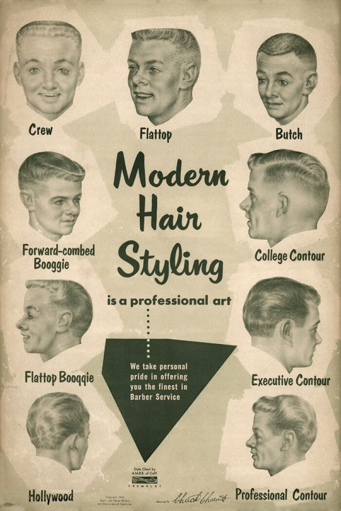 Estilos de cabello masculino vintage mostrando la vida cotidiana en la década de 1950 con cortes modernos y clásicos.