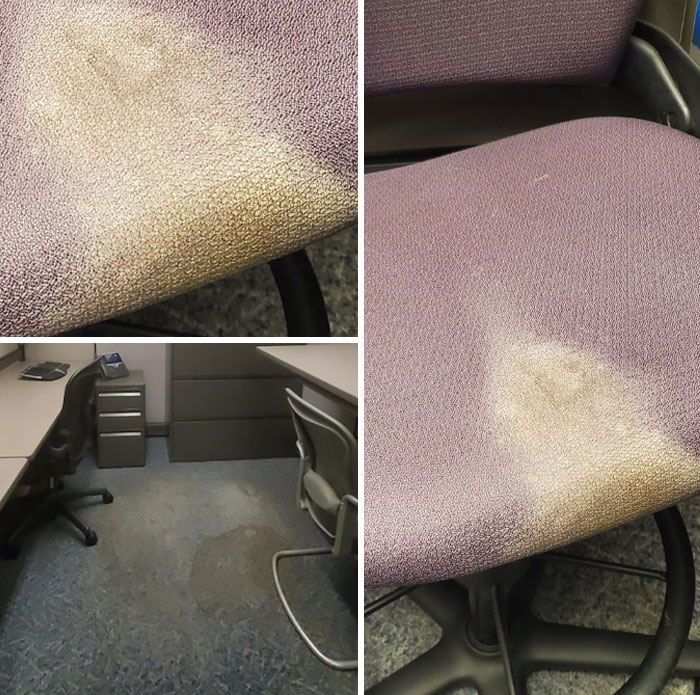 Sillas y suelo de oficina con manchas visibles, ejemplos de personas que llevan un día peor en el trabajo que tú.