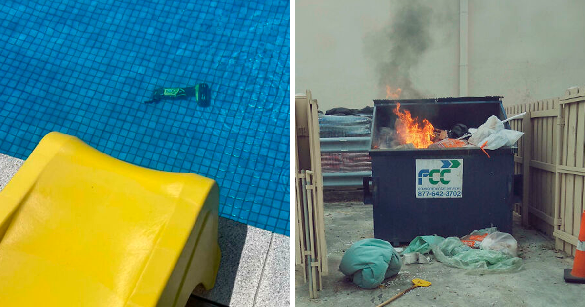 Herramientas cau00eddas en piscina y contenedor de basura en llamas mostrando un du00eda peor en el trabajo.
