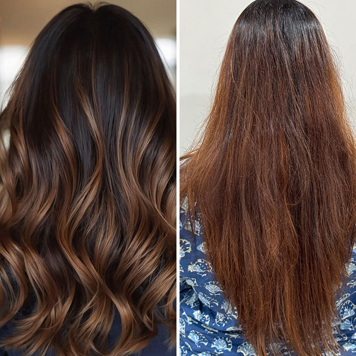 Mujer con cabello dañado y sin brillo antes y después de salir arrepentida del salón de belleza en fotos recientes.