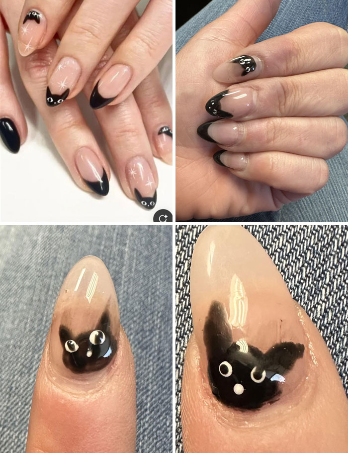 Uñas con diseño de gatos en negro que causaron arrepentimiento y disgusto tras visitar el salón de belleza.