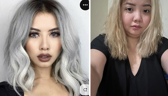 Mujer joven con cabello gris peinado y mujer con cabello despeinado y rubio, mostrando resultado decepcionante en salón de belleza.