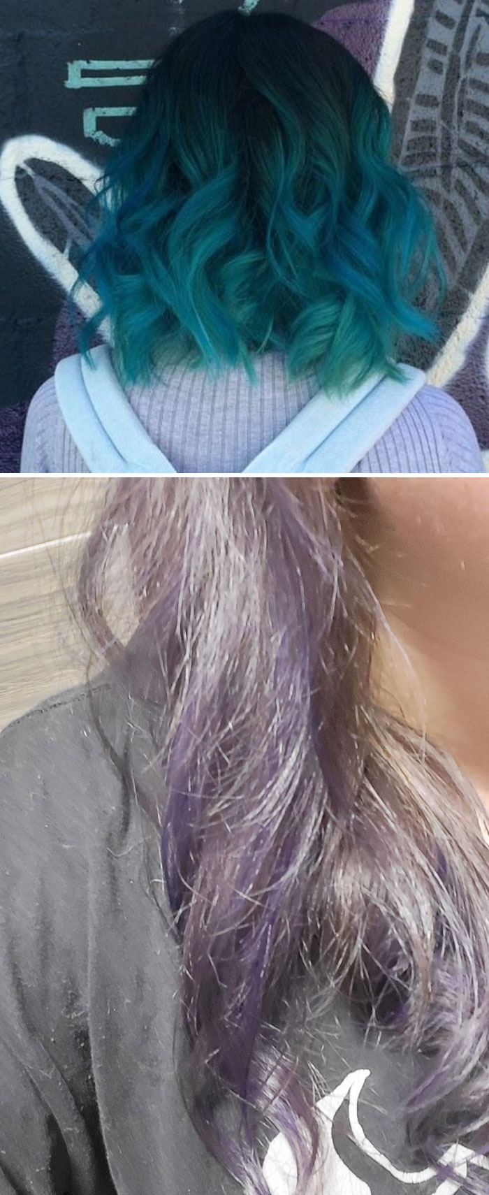 Personas con tintes de cabello azul y morado que salieron arrepentidas y disgustadas del salón de belleza.